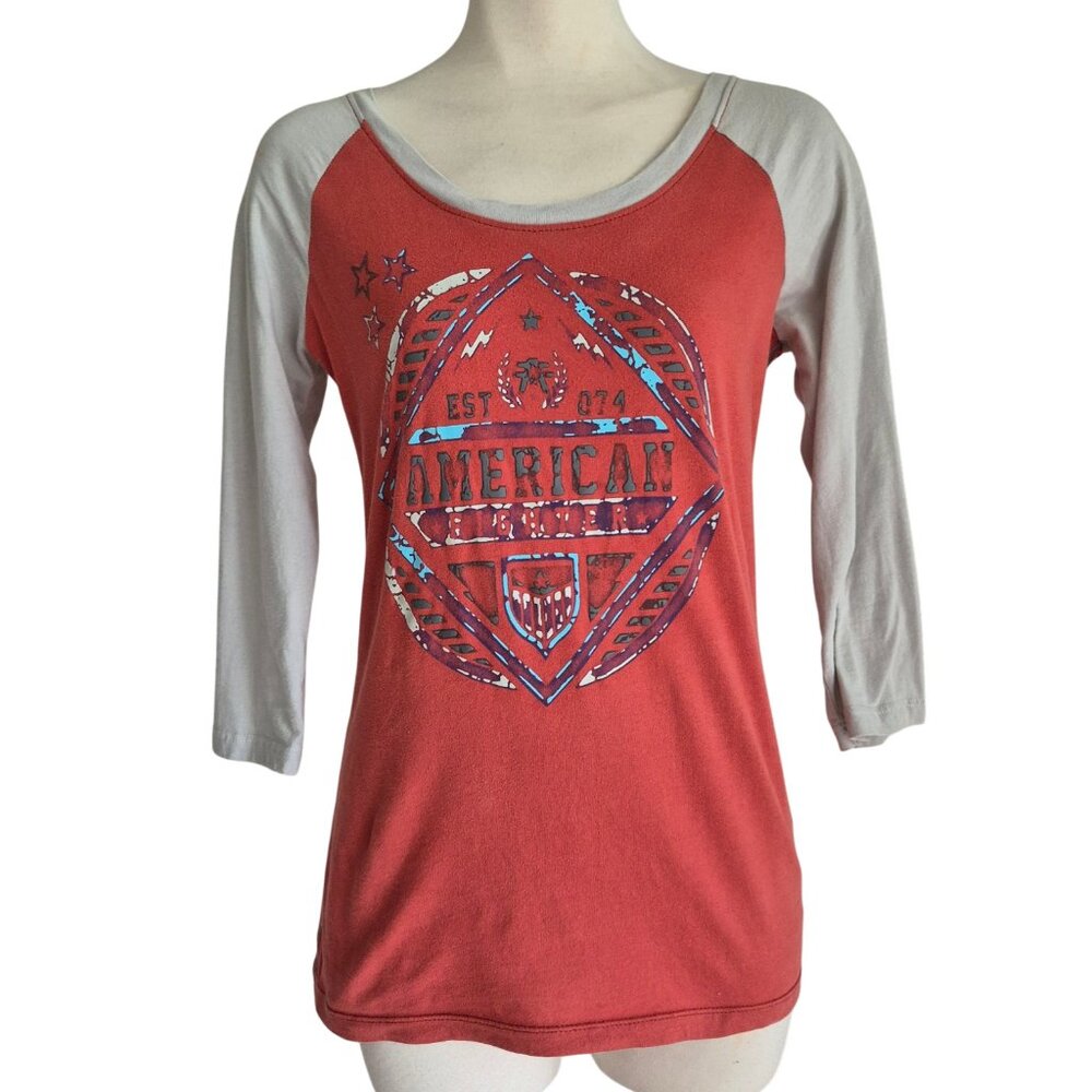 American Fighter Baseball Style Raglan 3/4 Sleeve Tee Orange Grey Graphic S